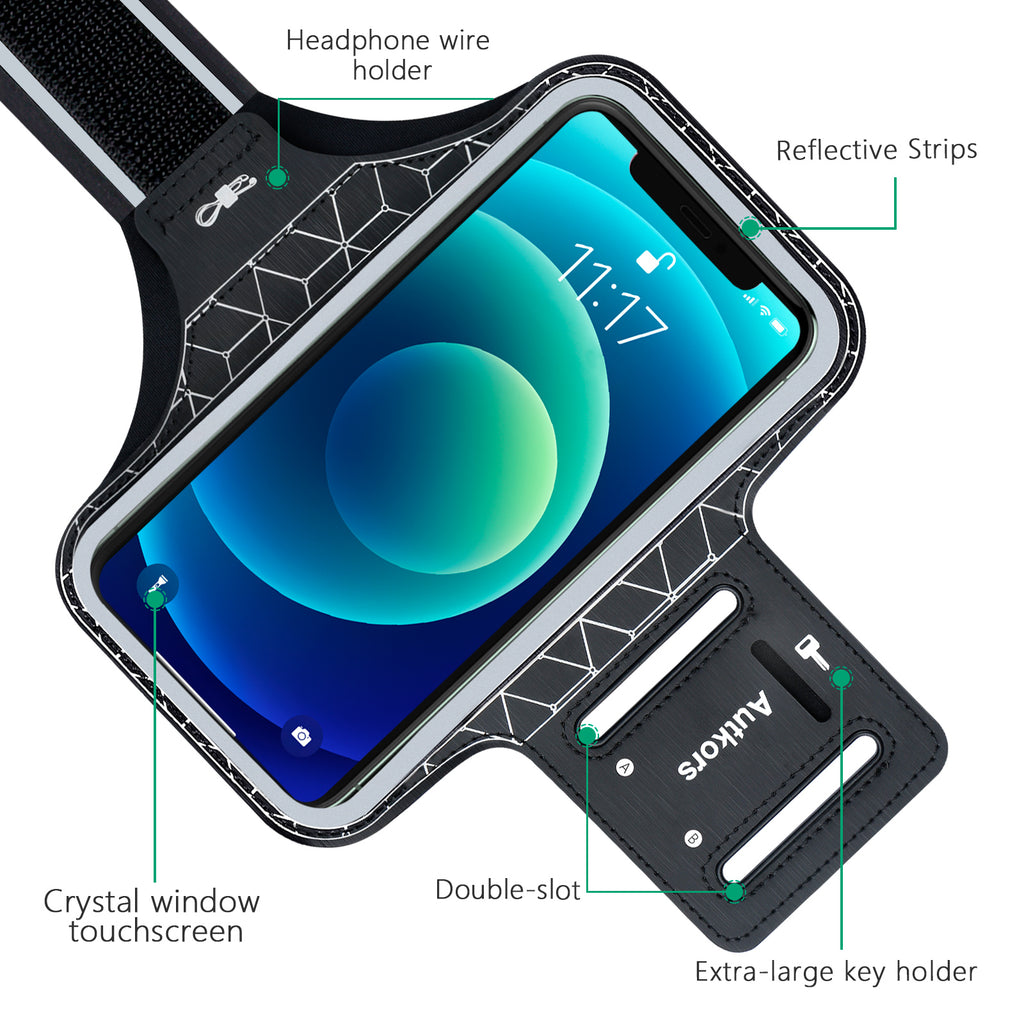 Autkors Running Armband for iPhone 14/14 Pro/13/13 Pro/12/12 Pro/11/11 Pro/XS/XR/X up to 6.1", Skin-Friendly Sweatproof Sports Phone Armband with Key and Headphone Slot-Perfect for Jogging, Gym