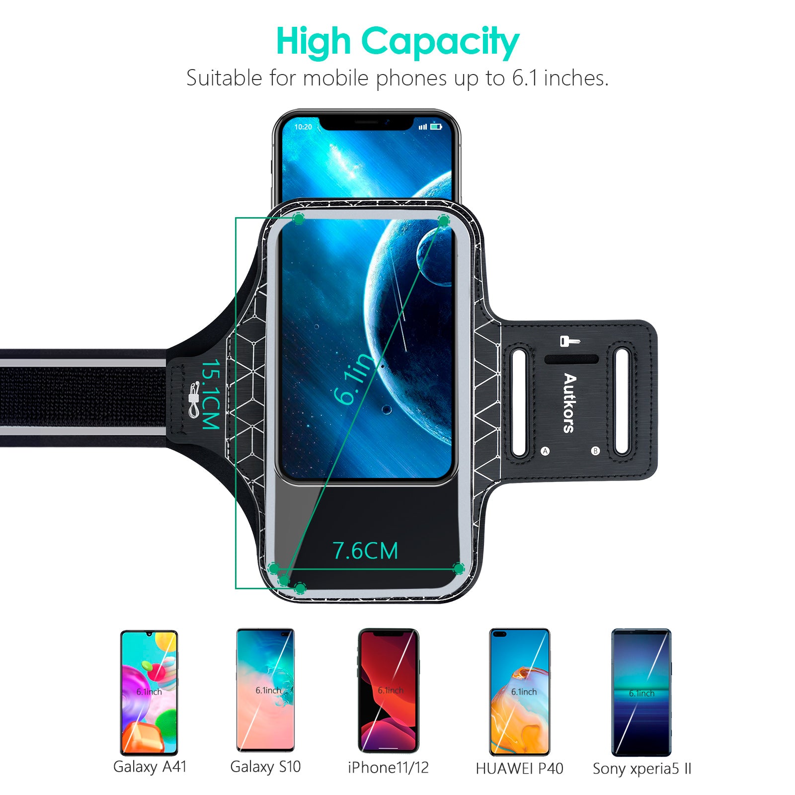 Autkors Running Armband for iPhone 14/14 Pro/13/13 Pro/12/12 Pro/11/11 Pro/XS/XR/X up to 6.1", Skin-Friendly Sweatproof Sports Phone Armband with Key and Headphone Slot-Perfect for Jogging, Gym