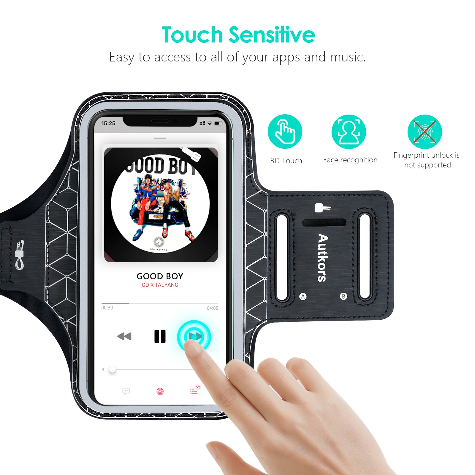 Autkors Running Armband for iPhone 14/14 Pro/13/13 Pro/12/12 Pro/11/11 Pro/XS/XR/X up to 6.1", Skin-Friendly Sweatproof Sports Phone Armband with Key and Headphone Slot-Perfect for Jogging, Gym