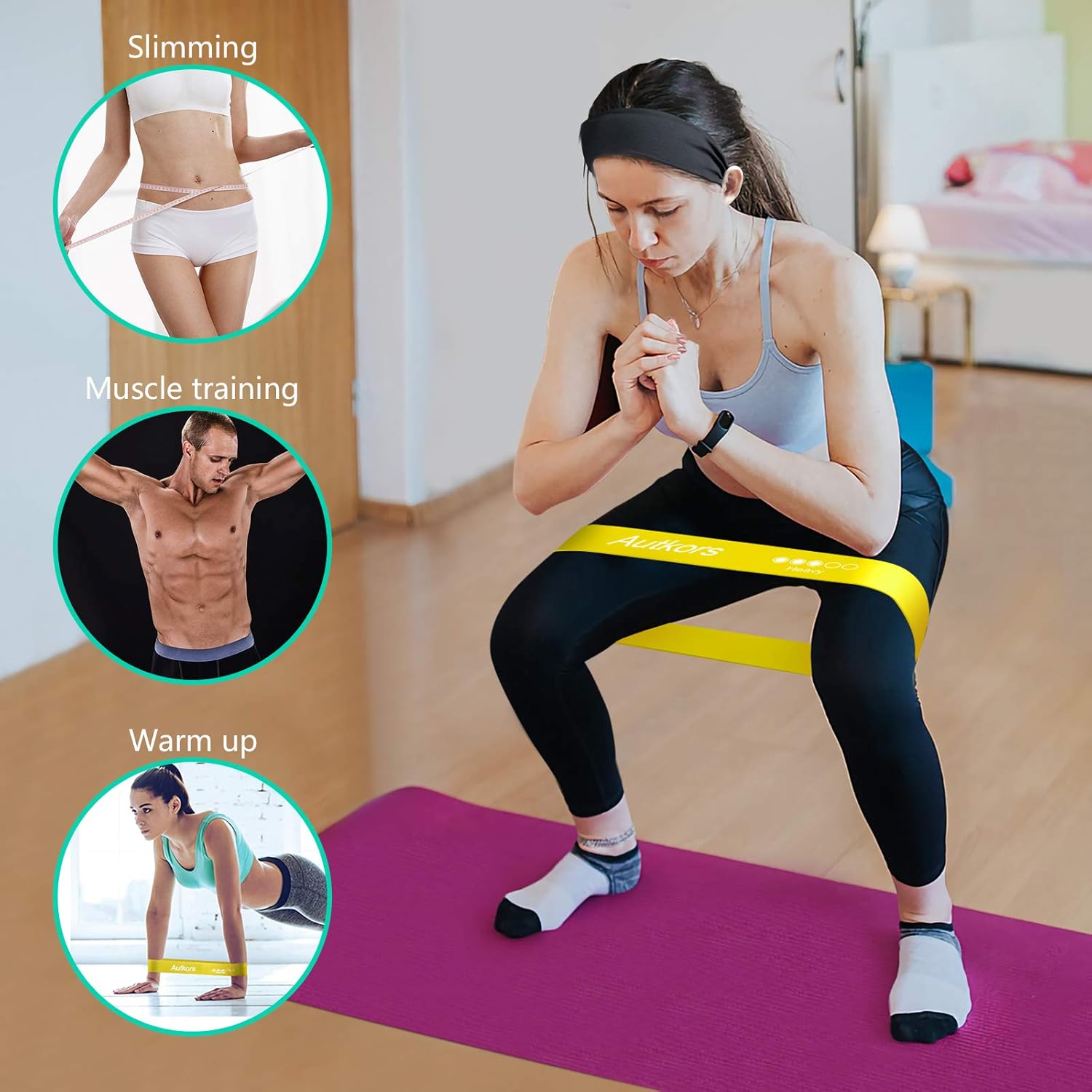 Autkors Resistance Bands, [Set of 5] Skin-Friendly Fitness Exercise Loop Bands with Sports Headband and Carrying Case - 5 Different Resistance Levels for Yoga, Home, Strength Training
