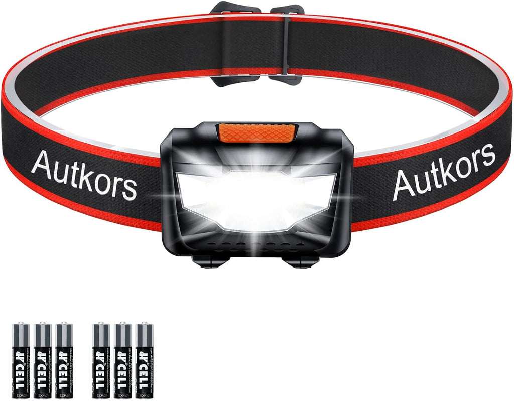 Autkors Powerful LED Head Torch, 3 Lighting Modes, Adjustable and Lightweight, Waterproof for Fishing/Running/Camping/Cycling/Hiking/Reading Gift for Kids-6 AAA Batteries Included