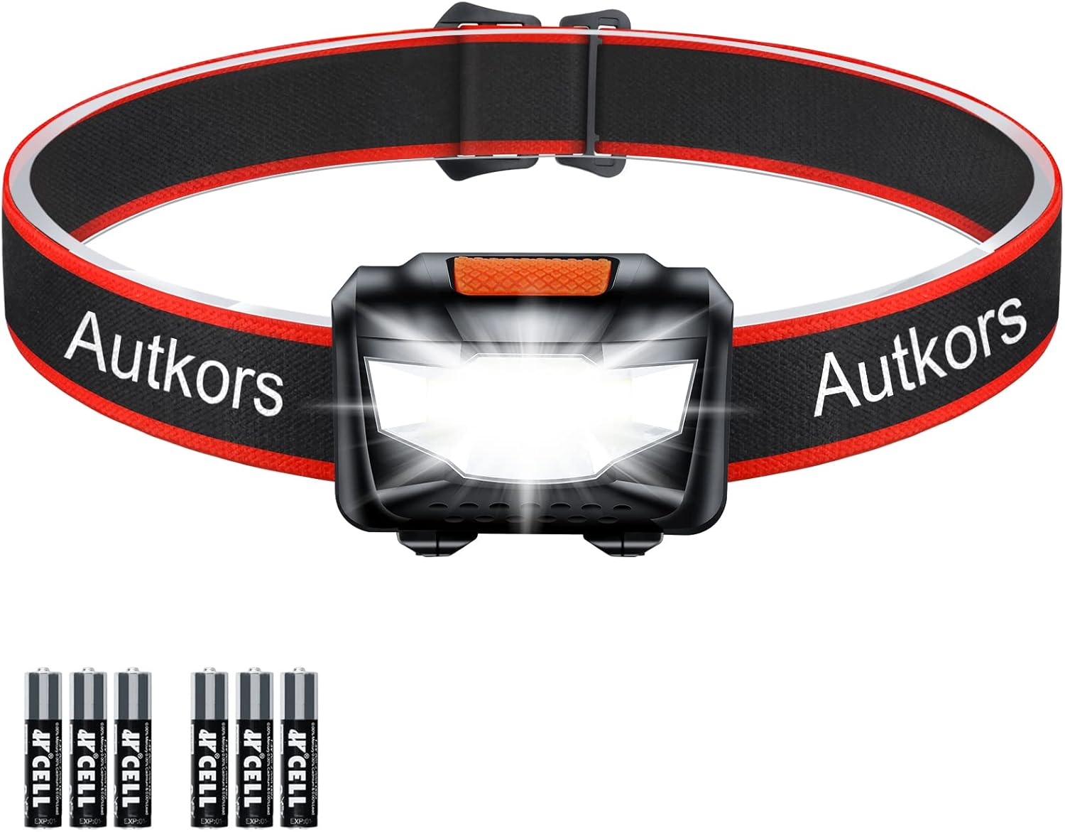 Autkors Powerful LED Head Torch, 3 Lighting Modes, Adjustable and Lightweight, Waterproof for Fishing/Running/Camping/Cycling/Hiking/Reading Gift for Kids-6 AAA Batteries Included