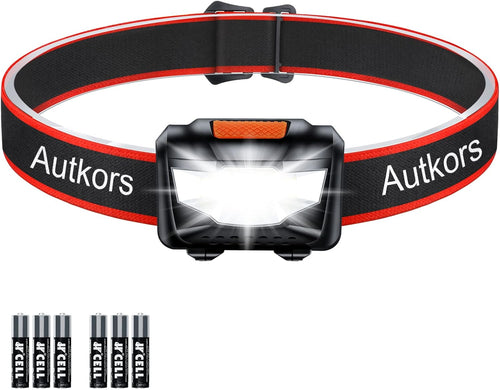 Autkors Powerful LED Head Torch, 3 Lighting Modes, Adjustable and Lightweight, Waterproof for Fishing/Running/Camping/Cycling/Hiking/Reading Gift for Kids-6 AAA Batteries Included