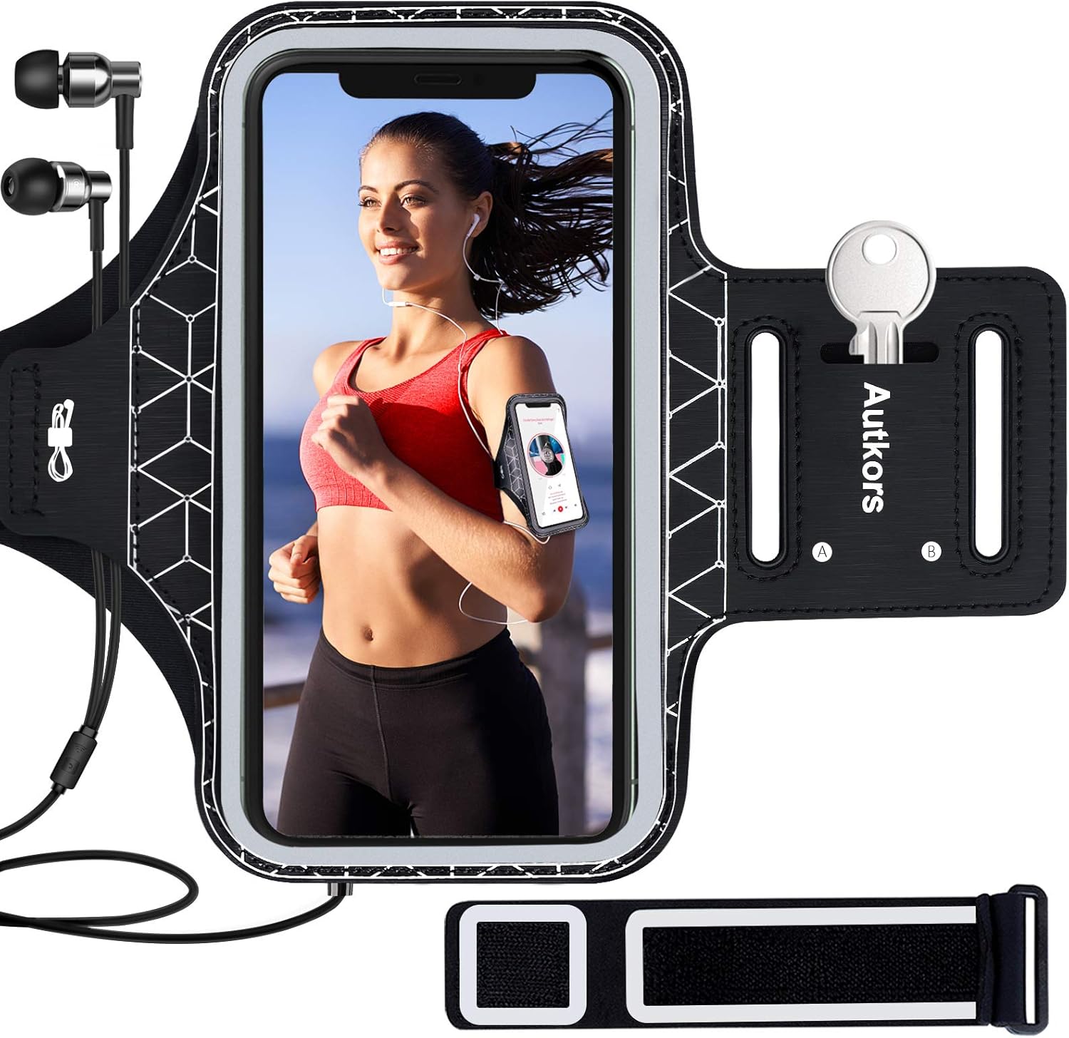 Autkors Running Armband for iPhone14/14 Plus/13/13 Pro/13 Pro Max/12/12 Pro/12 Pro Max/XR up to 6.7", Skin-Friendly Sweatproof Sports Phone Armband with Key and Headphone Slot-Perfect for Jogging, Gym