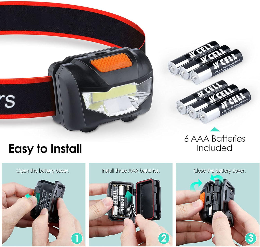 Autkors Powerful LED Head Torch, 3 Lighting Modes, Adjustable and Lightweight, Waterproof for Fishing/Running/Camping/Cycling/Hiking/Reading Gift for Kids-6 AAA Batteries Included