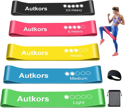 Autkors Resistance Bands, [Set of 5] Skin-Friendly Fitness Exercise Loop Bands with Sports Headband and Carrying Case - 5 Different Resistance Levels for Yoga, Home, Strength Training