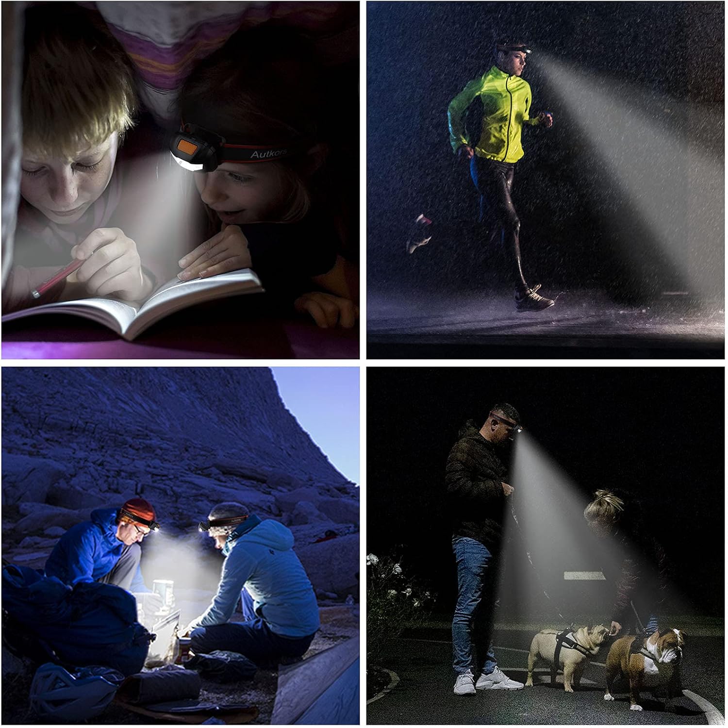 Autkors Powerful LED Head Torch, 3 Lighting Modes, Adjustable and Lightweight, Waterproof for Fishing/Running/Camping/Cycling/Hiking/Reading Gift for Kids-6 AAA Batteries Included