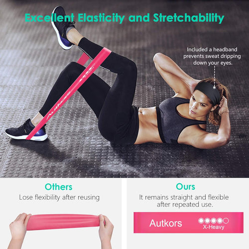 Autkors Resistance Bands, [Set of 5] Skin-Friendly Fitness Exercise Loop Bands with Sports Headband and Carrying Case - 5 Different Resistance Levels for Yoga, Home, Strength Training