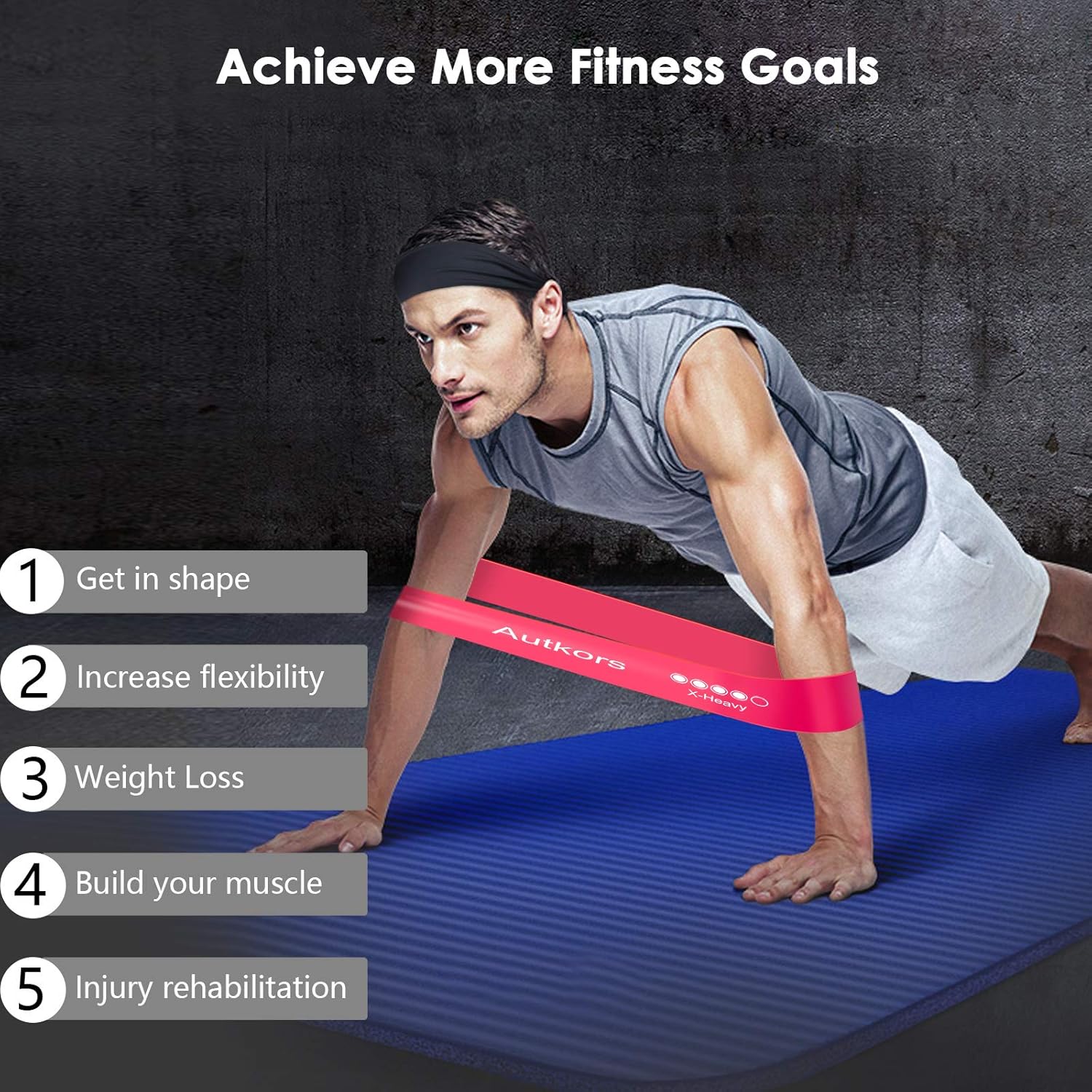 Autkors Resistance Bands, [Set of 5] Skin-Friendly Fitness Exercise Loop Bands with Sports Headband and Carrying Case - 5 Different Resistance Levels for Yoga, Home, Strength Training
